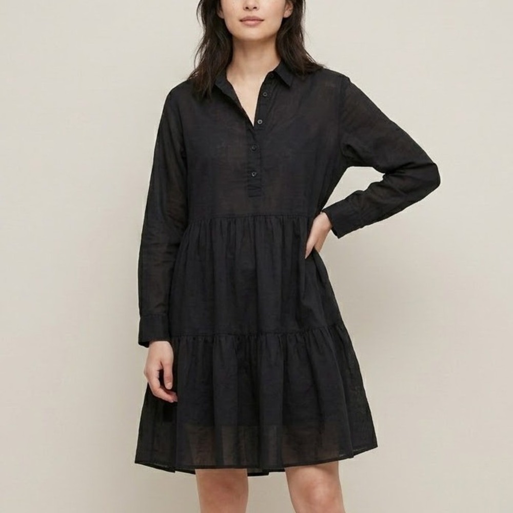 Uniqlo Tiered Shirt Dress Womens Small Black Cotton Mini Goth Whimsigoth Witchy
